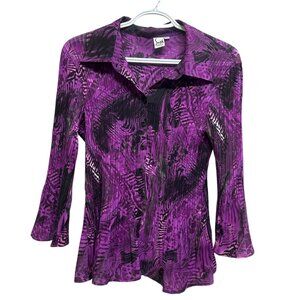 Vintage Sash Purple & Black Y2K Pleated Button-Up Blouse - Size M